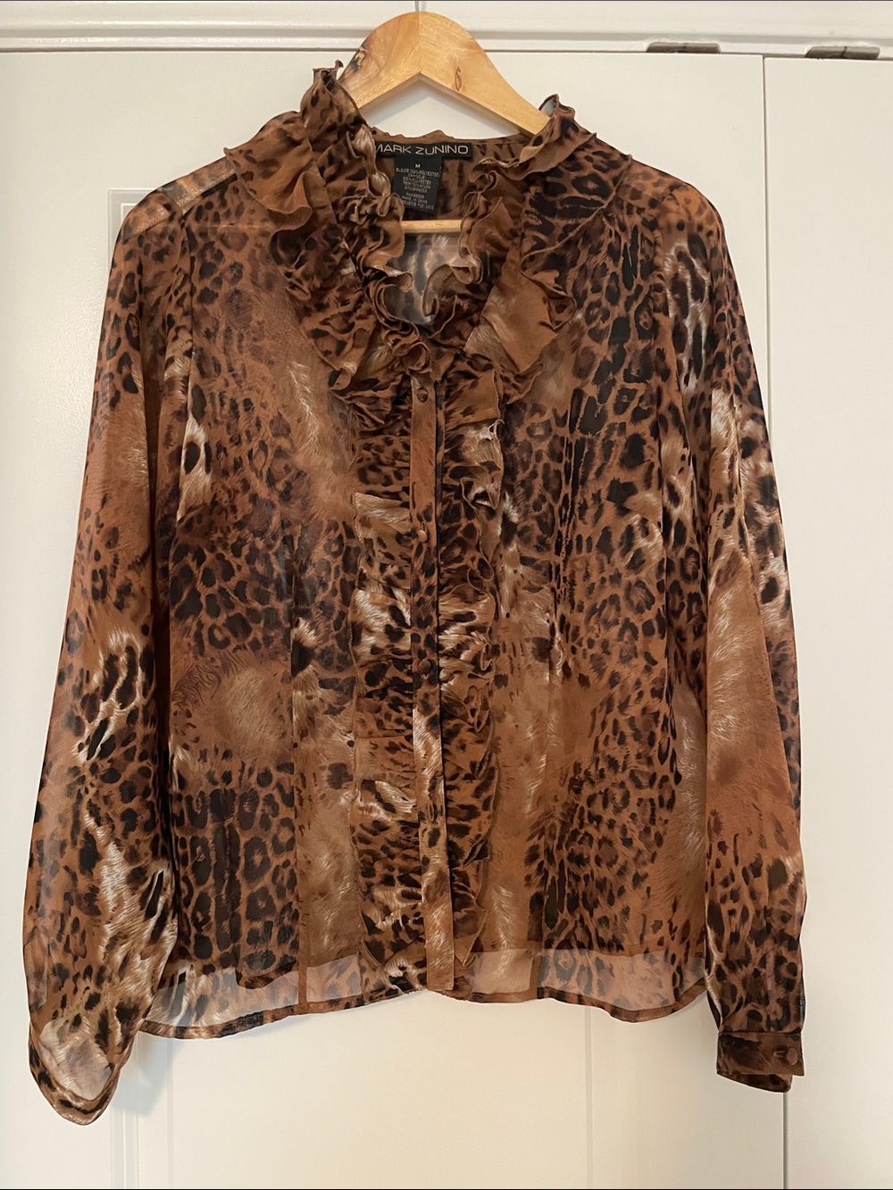 Mark Zunino Leopard Print Sheer Ruffle Blouse Medium